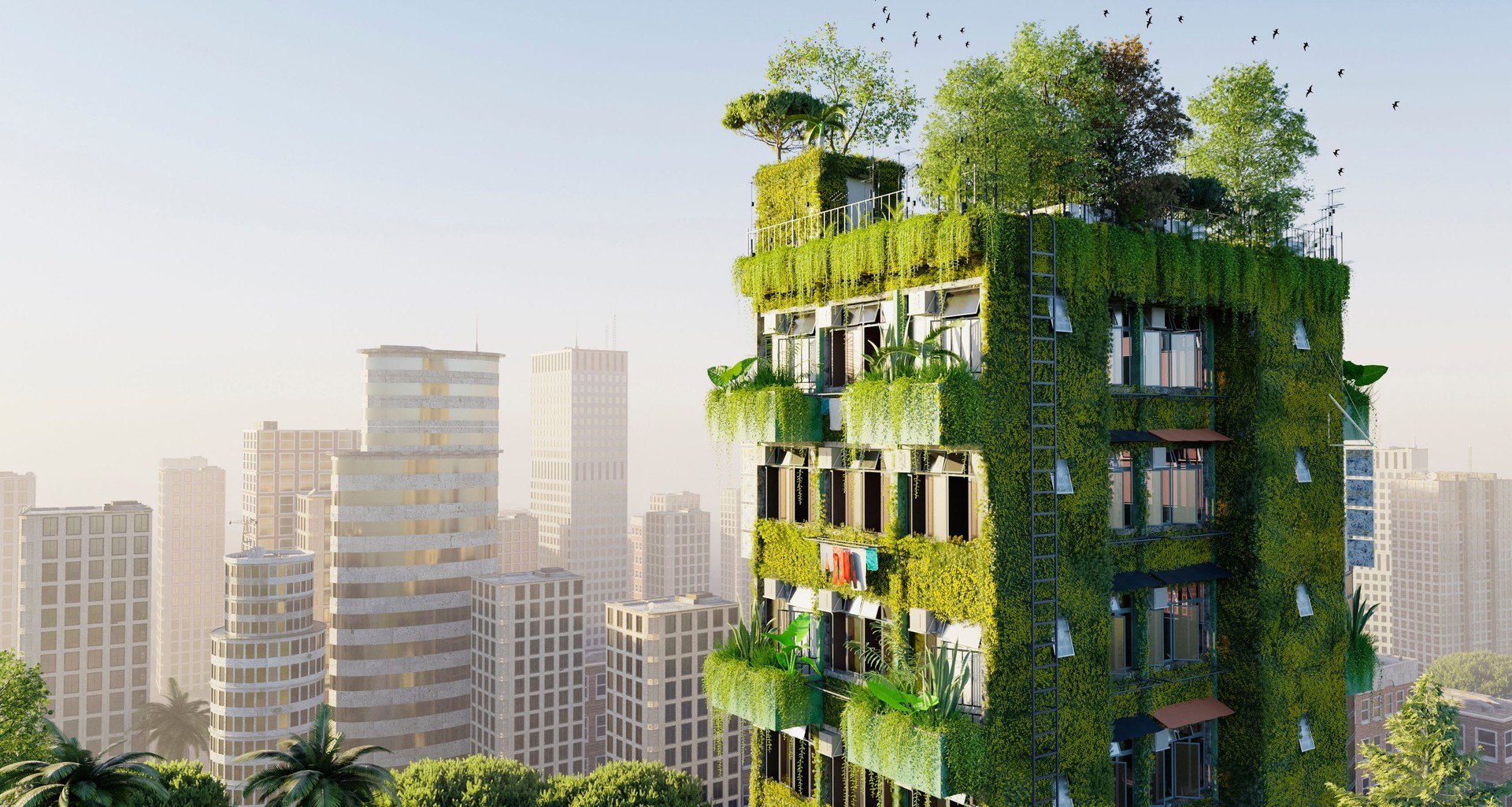 3D illustration of modern eco building in city with vertical vegetation on exterior